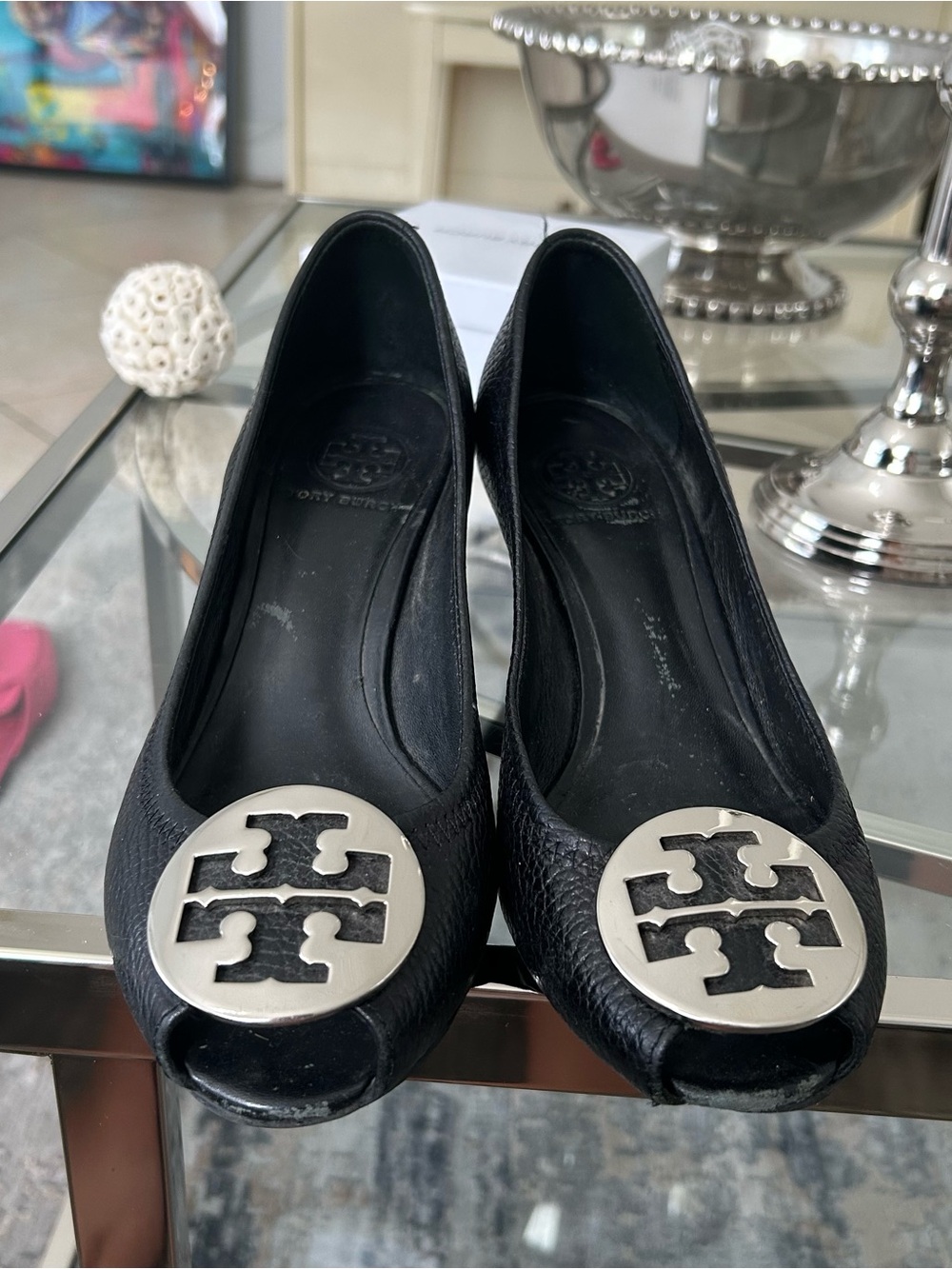 Tory Burch Black Peep-Toe Leather Flats with Silver Logo Medallion